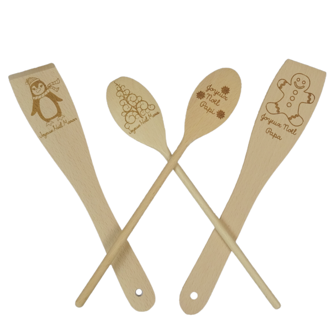 Ensemble de pince, spatule et cuillères en bois FSC Eco Friendly